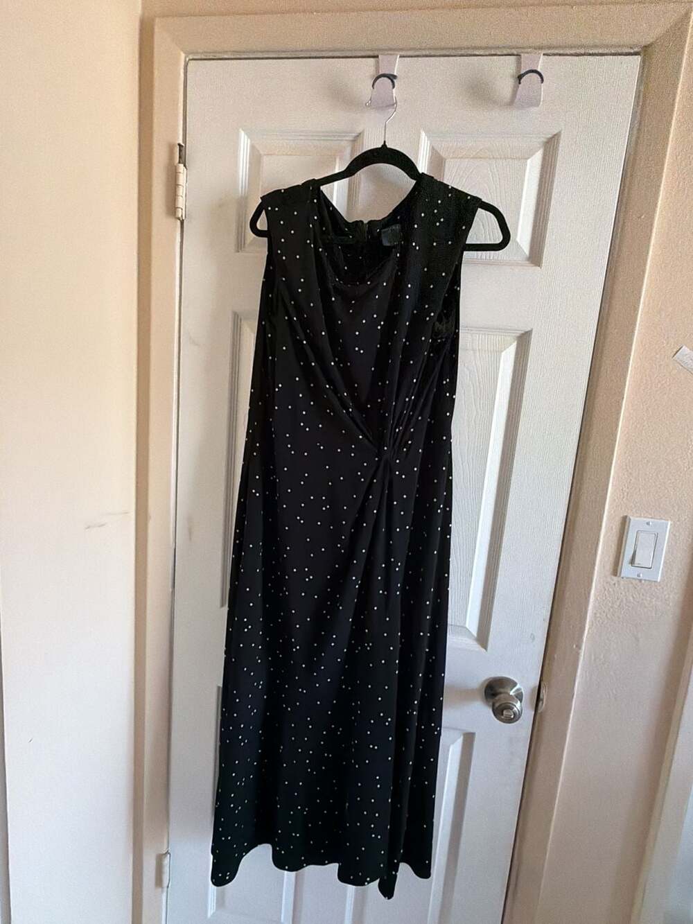 Gabby Skye Black and White Polka Dot Drapey Midi Dress with Knot Detail